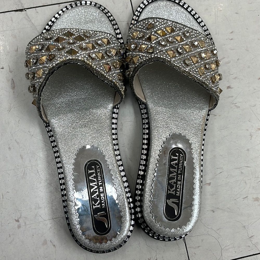 Kamal Pearl Leather Slides NIB Rhinestone Bling Womens Sandals